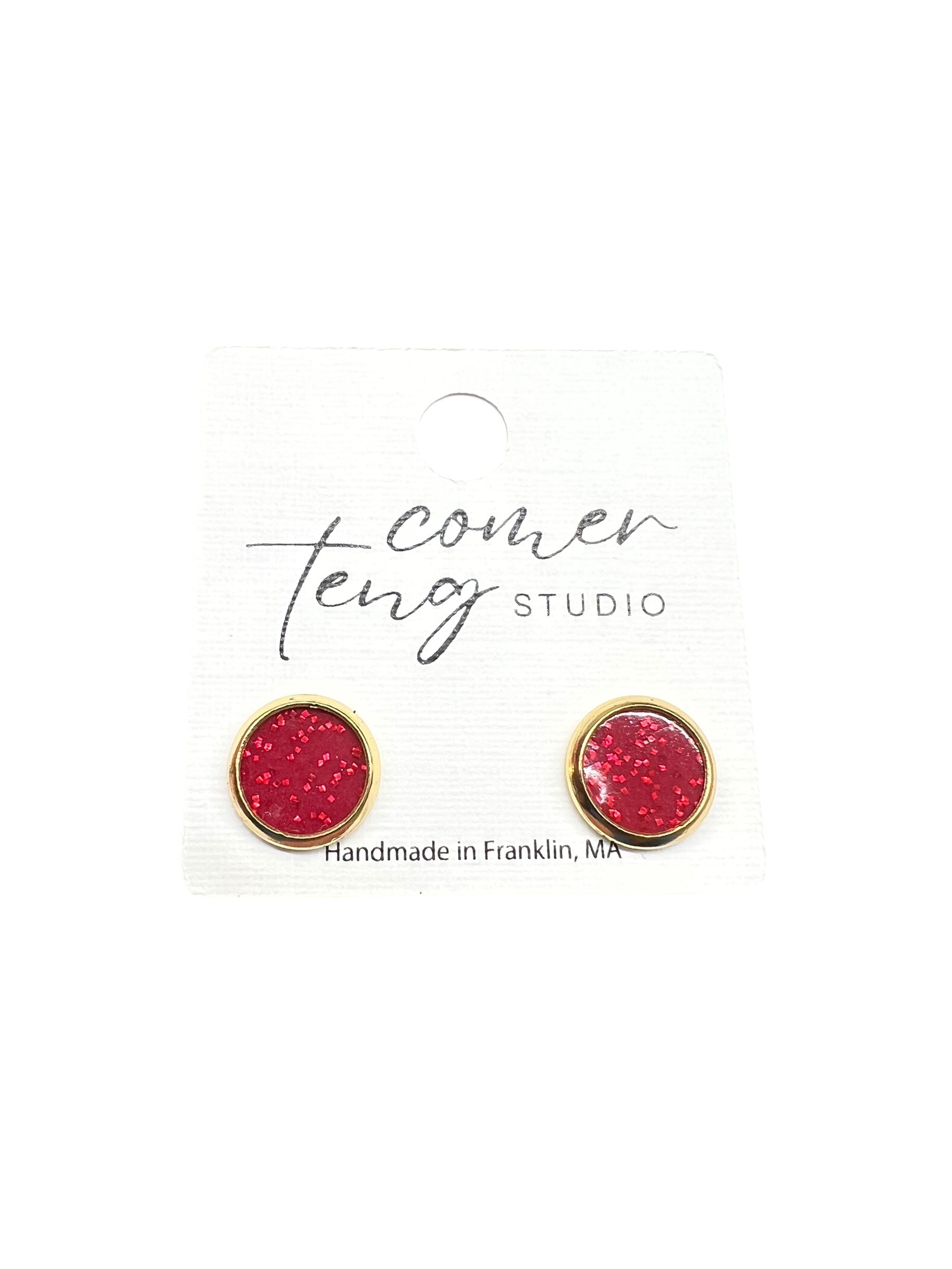 Red Sparkle Faux Leather Gold Stud Earrings