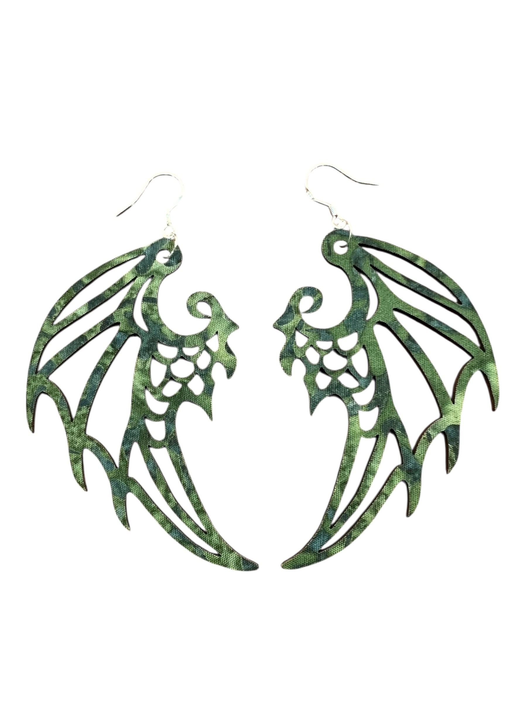 Upcycled Green Batik Dragon Wing Earrings