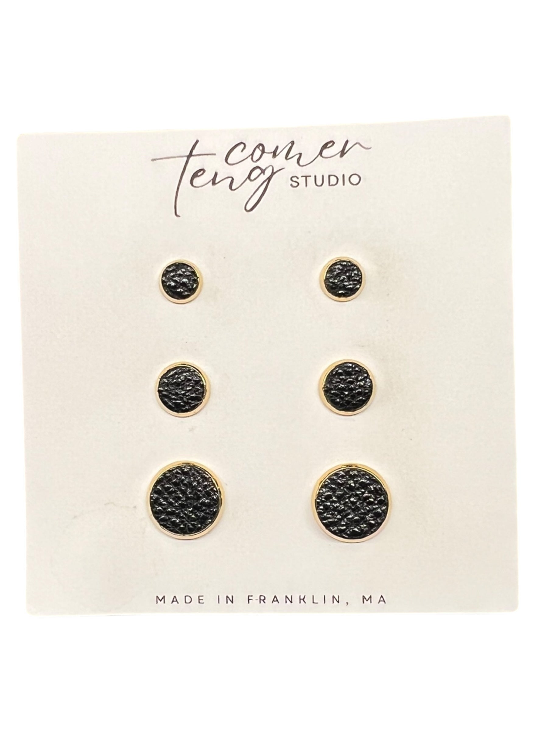 Metallic Black Leather Stud Earrings