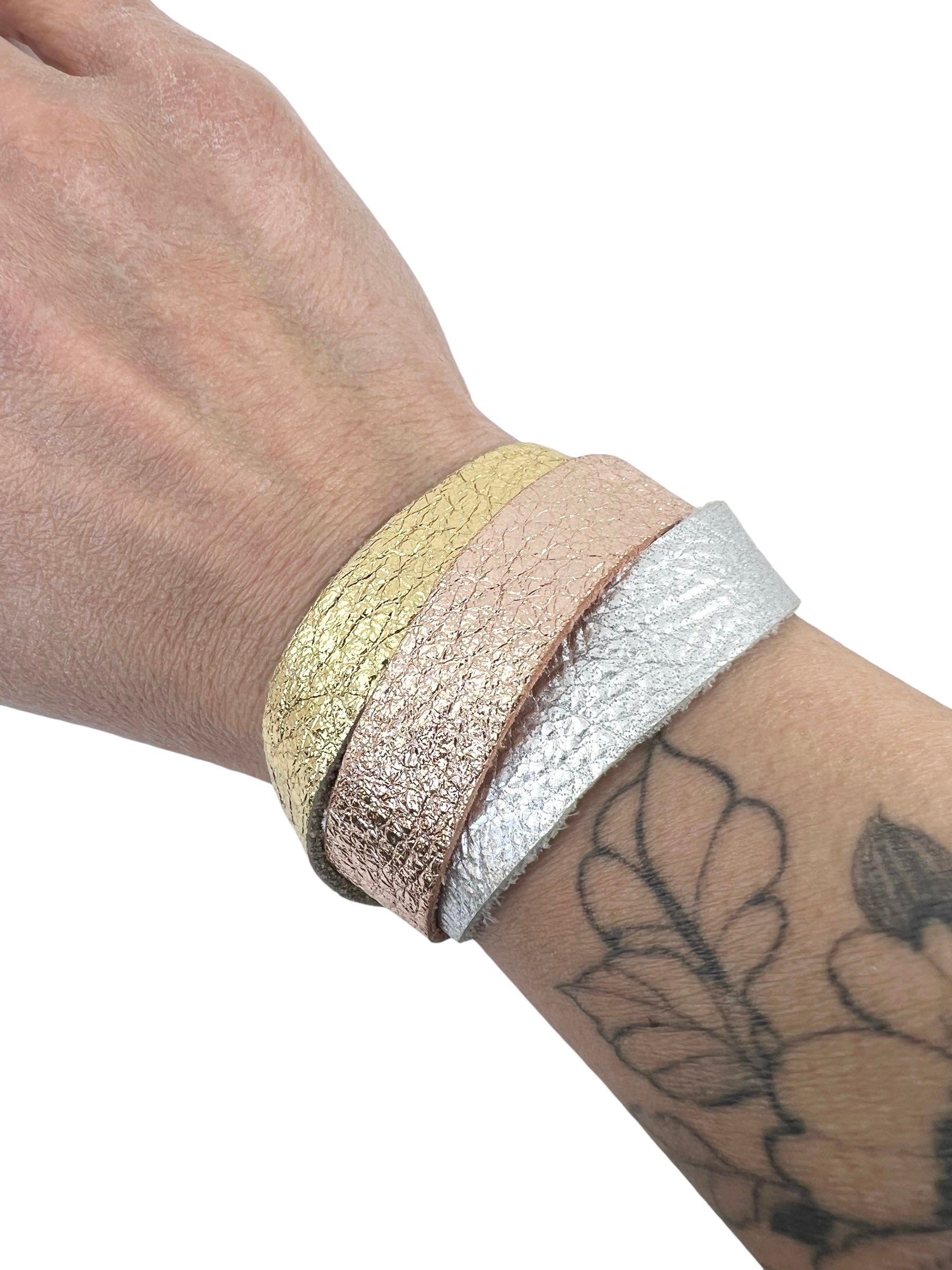 Three Strand Original Leather Bracelet in Rose Gold, Gold and Silver