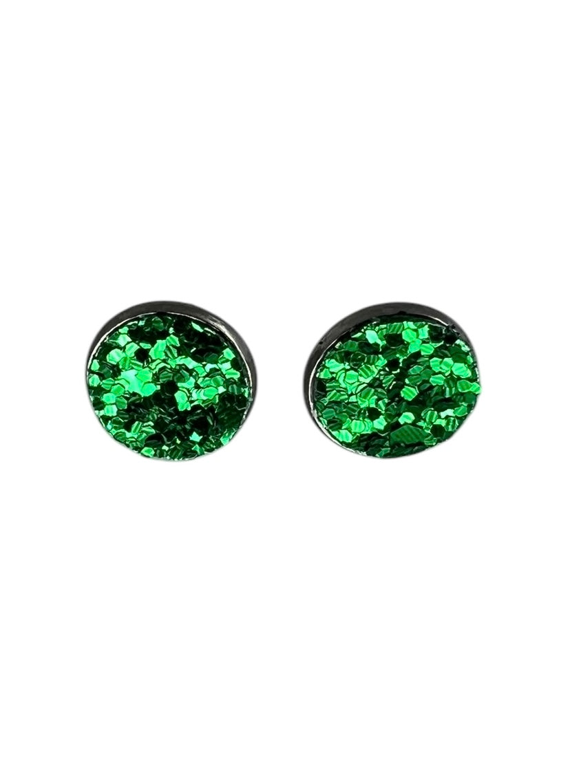 Stainless Steel Large Green Sparkle Stud Earrings