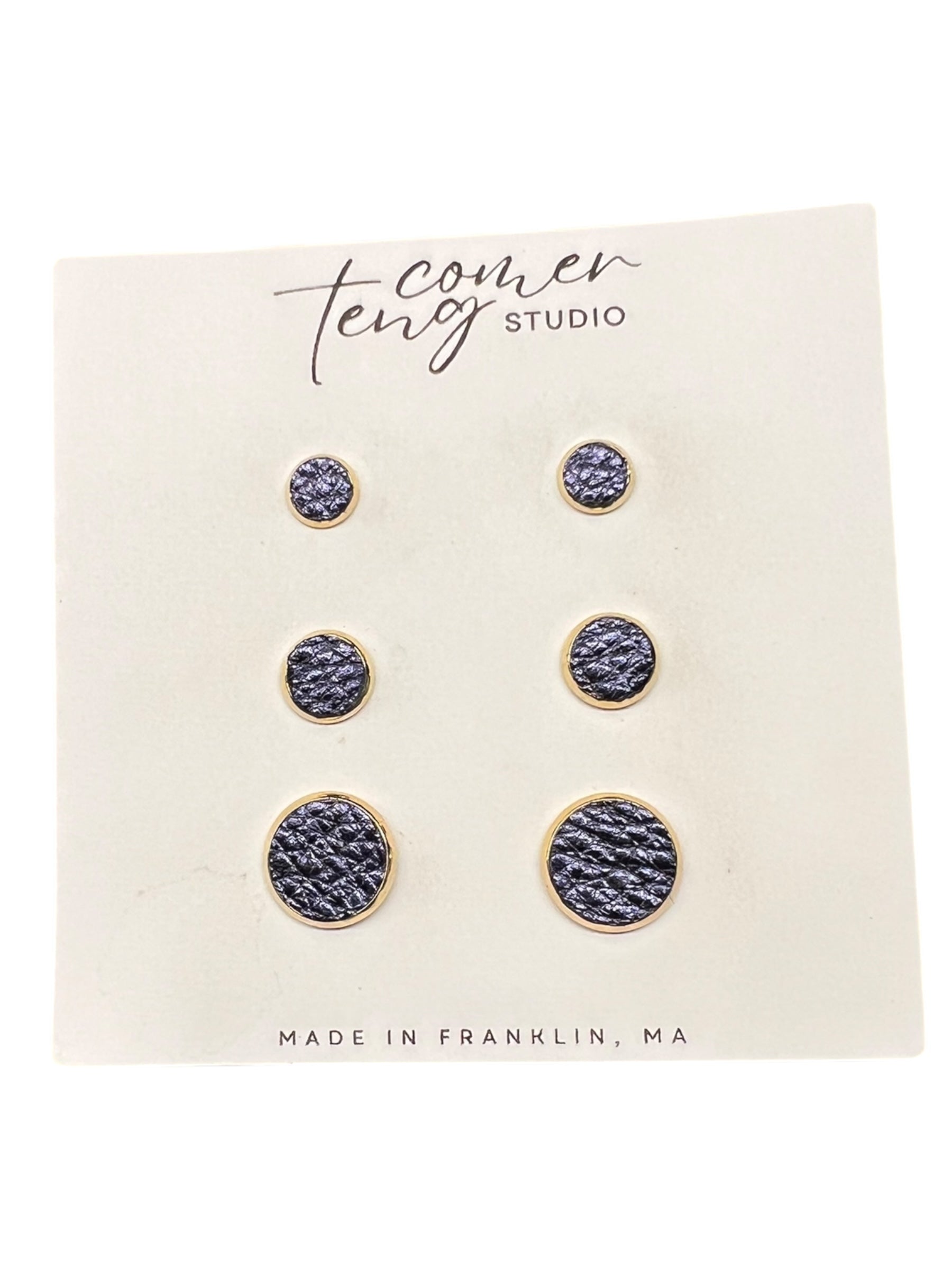 Metallic Navy Leather Stud Earrings
