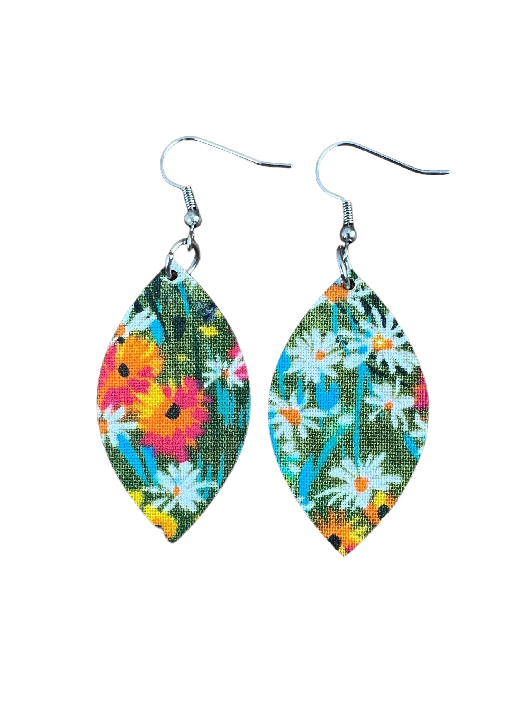 Upcycled Green Background Floral Leaf Earrings