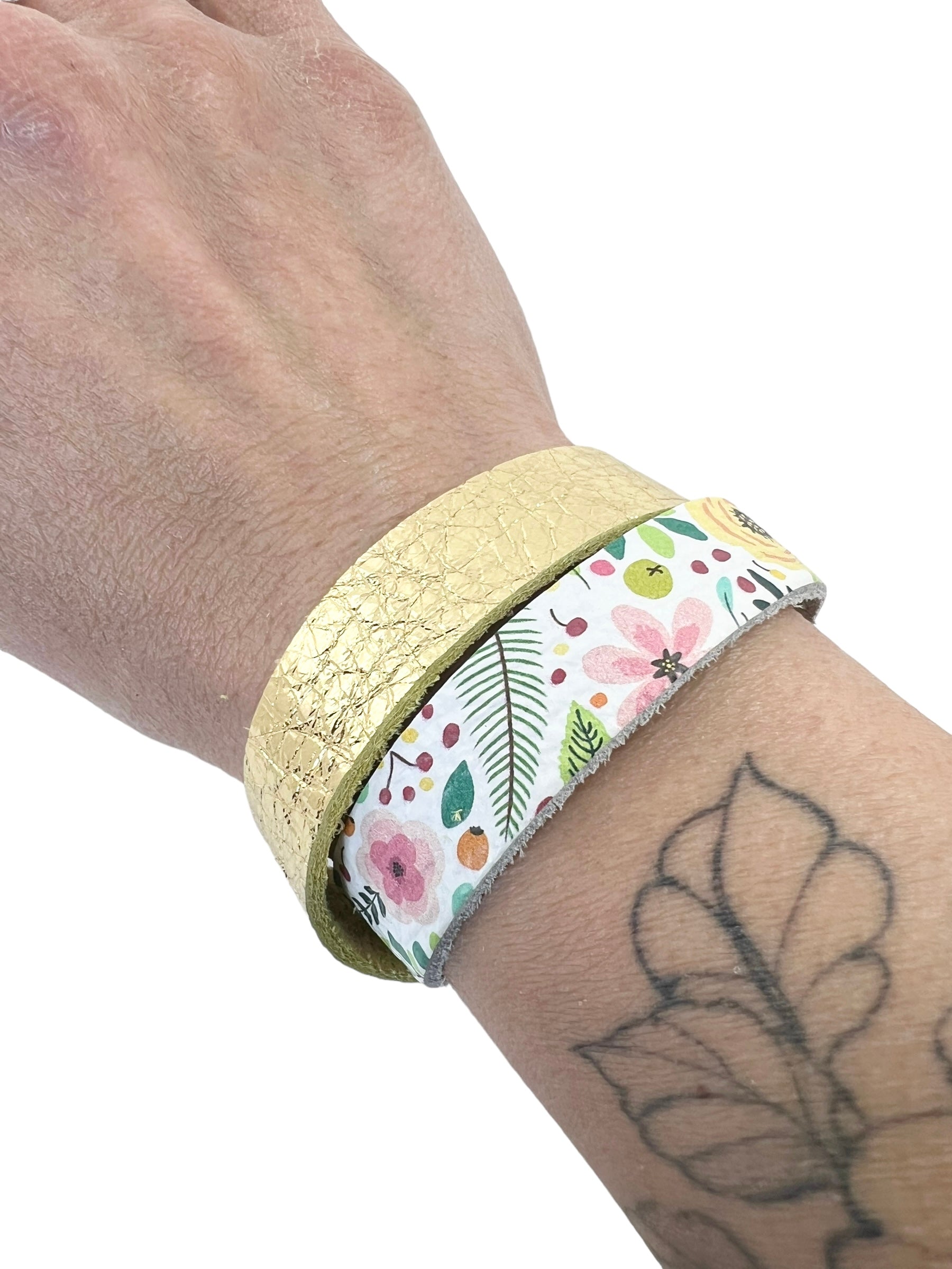 Adult Two Strand Leather Original Bracelet in Gold and Floral