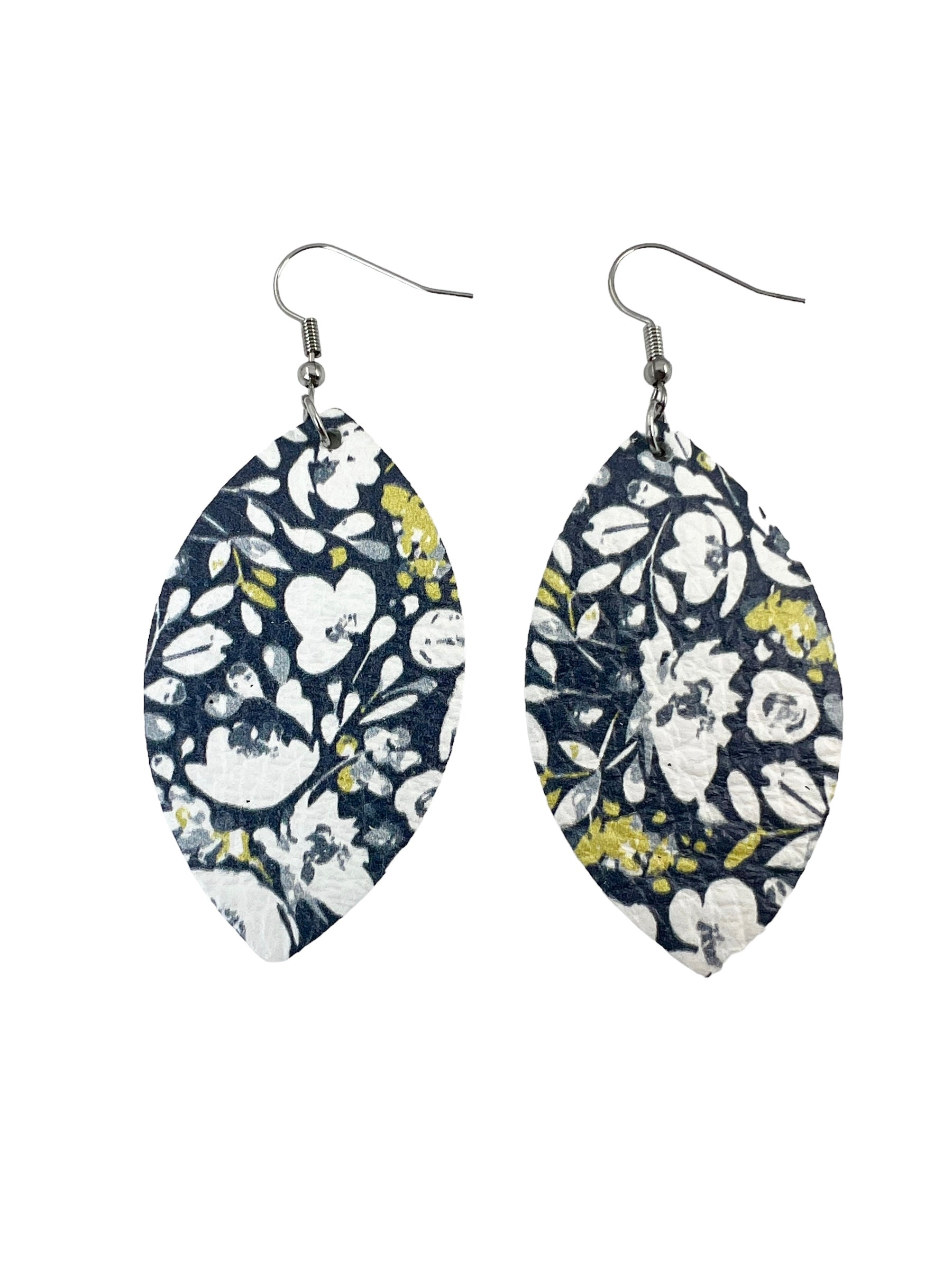 Navy and White Floral Leaf Earrings