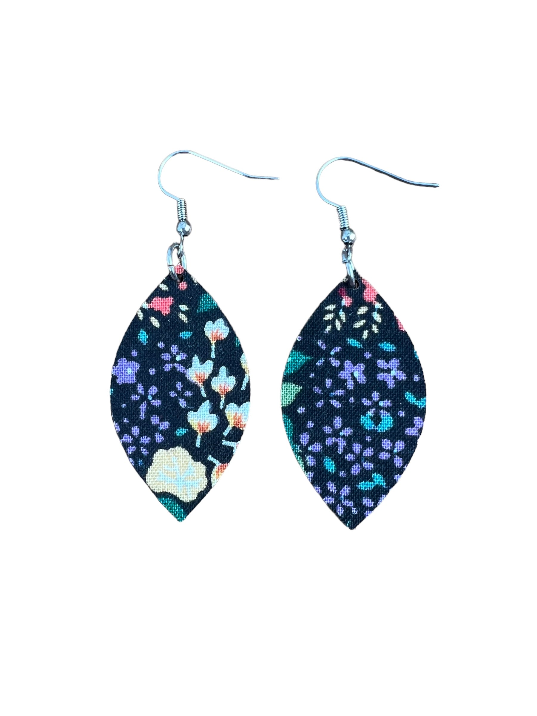 Upcycled Black Background Floral Leaf Earrings