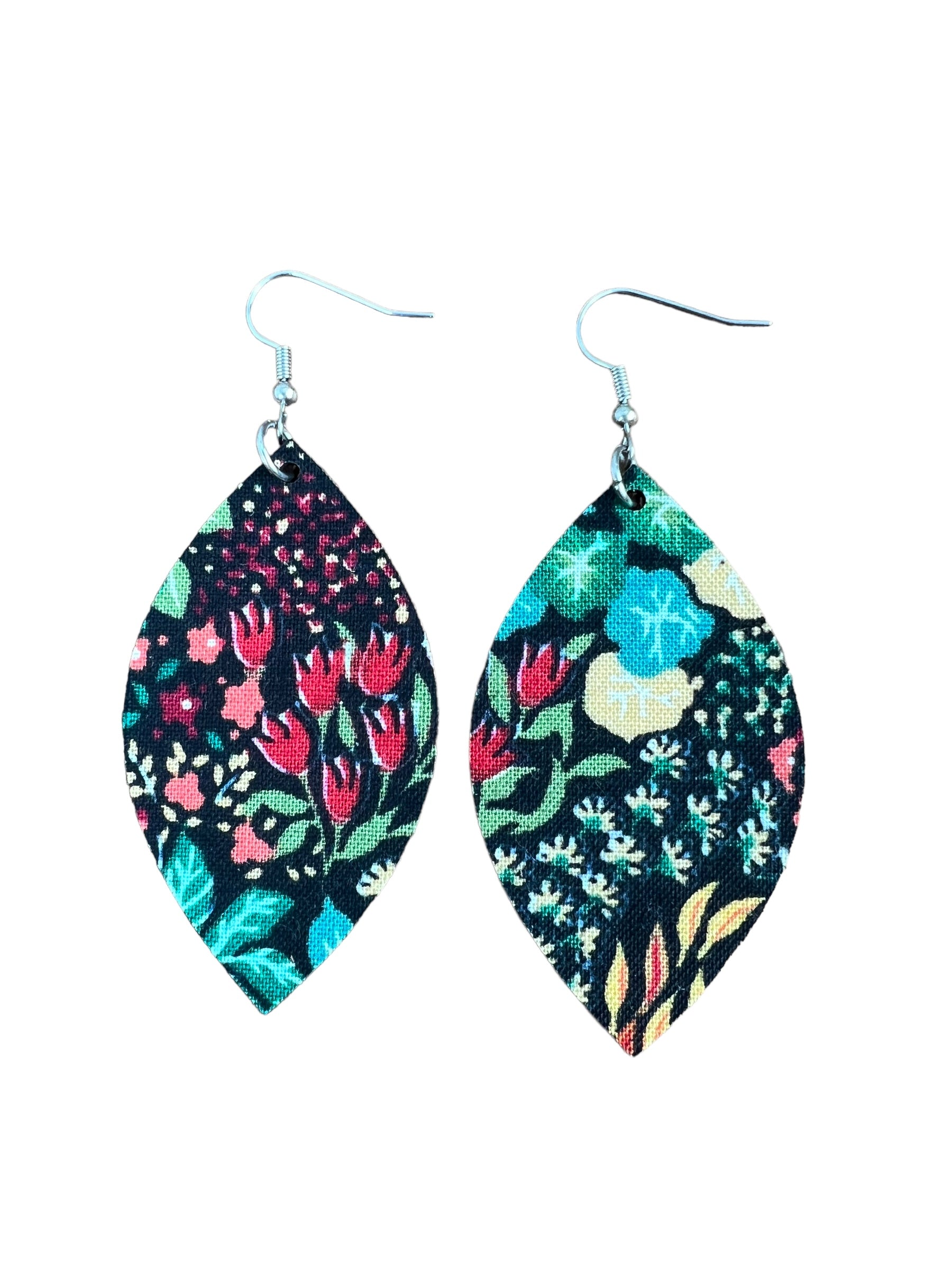 Upcycled Black Background Floral Leaf Earrings