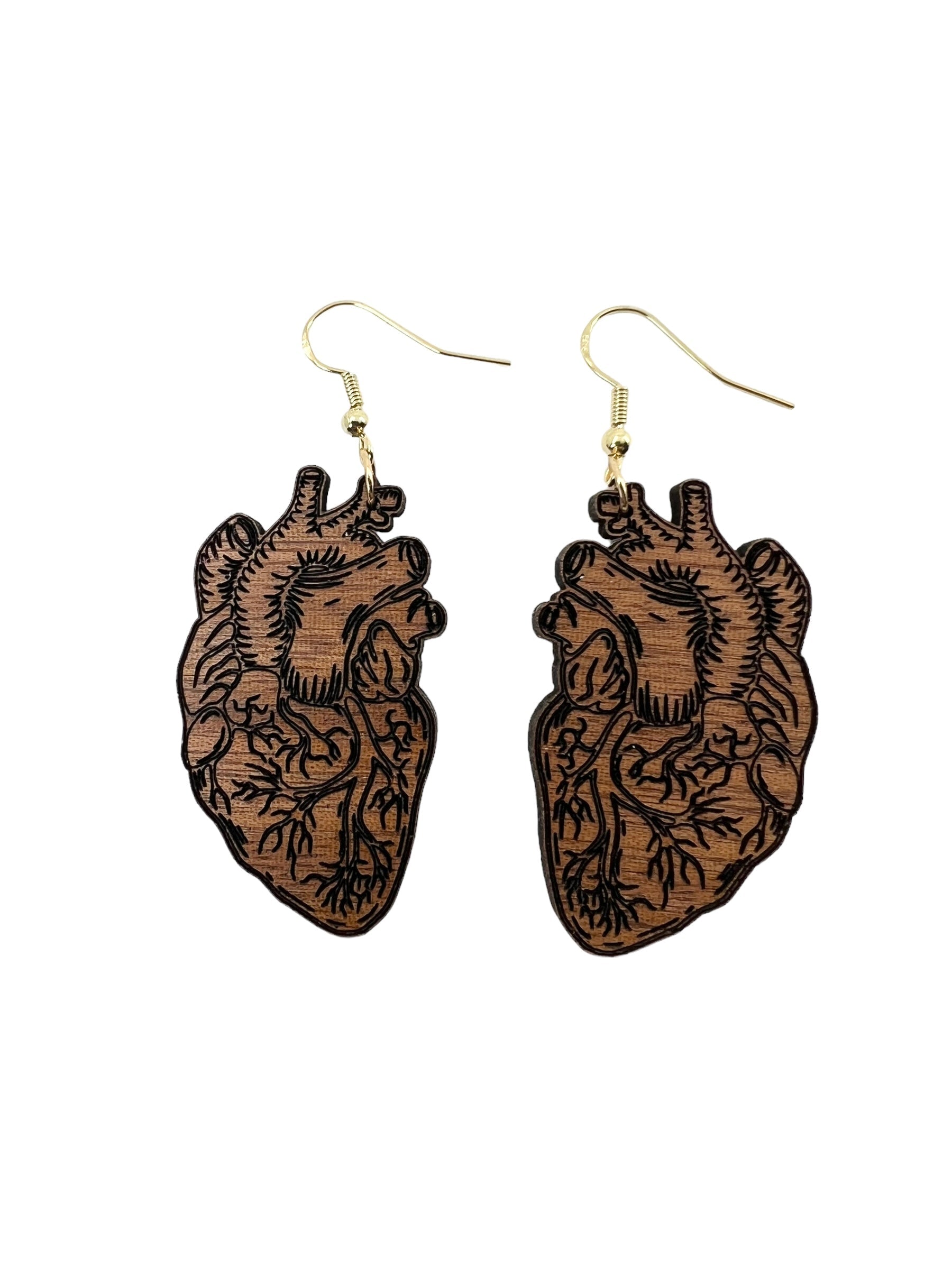 Wood Anatomical Heart Earrings