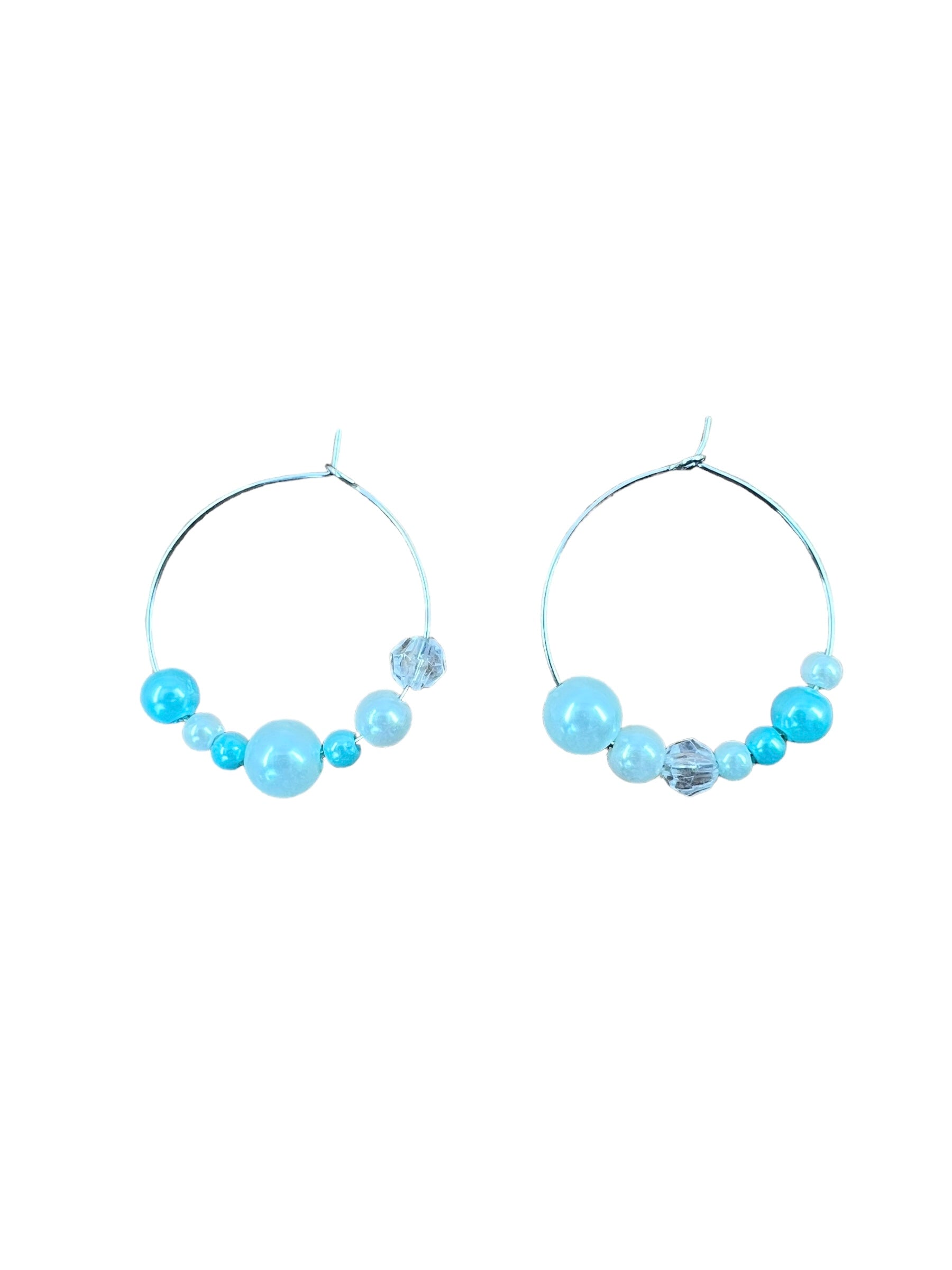 Upcycled Blue Pearl and Bead Hoop Earrings