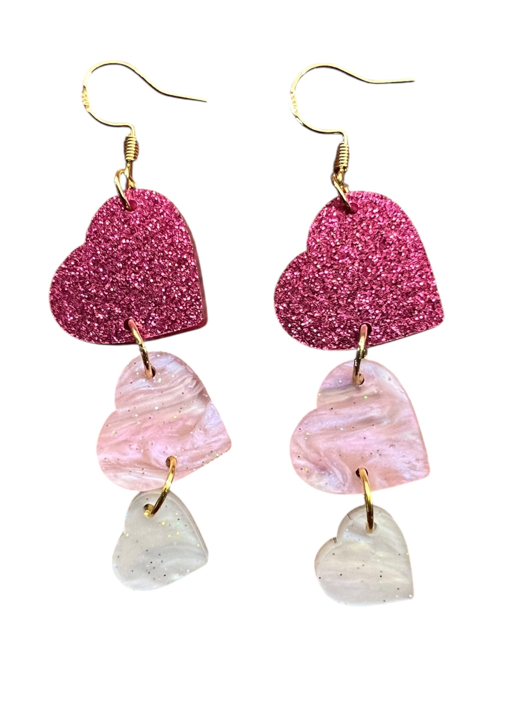 Acrylic Heart Trio Earrings – Sparkle Fuchsia, Pearly Sparkle Pink & Pearly Sparkle White