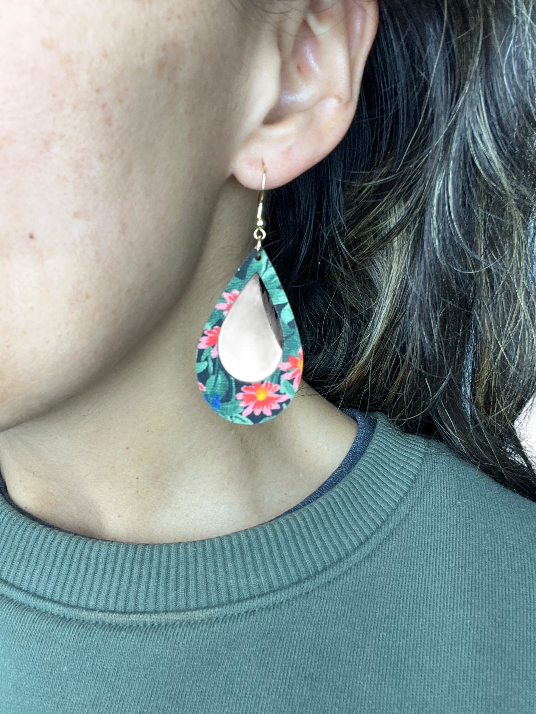 Upcycled Green Leaf and Red/Blue Flower Stella Earrings