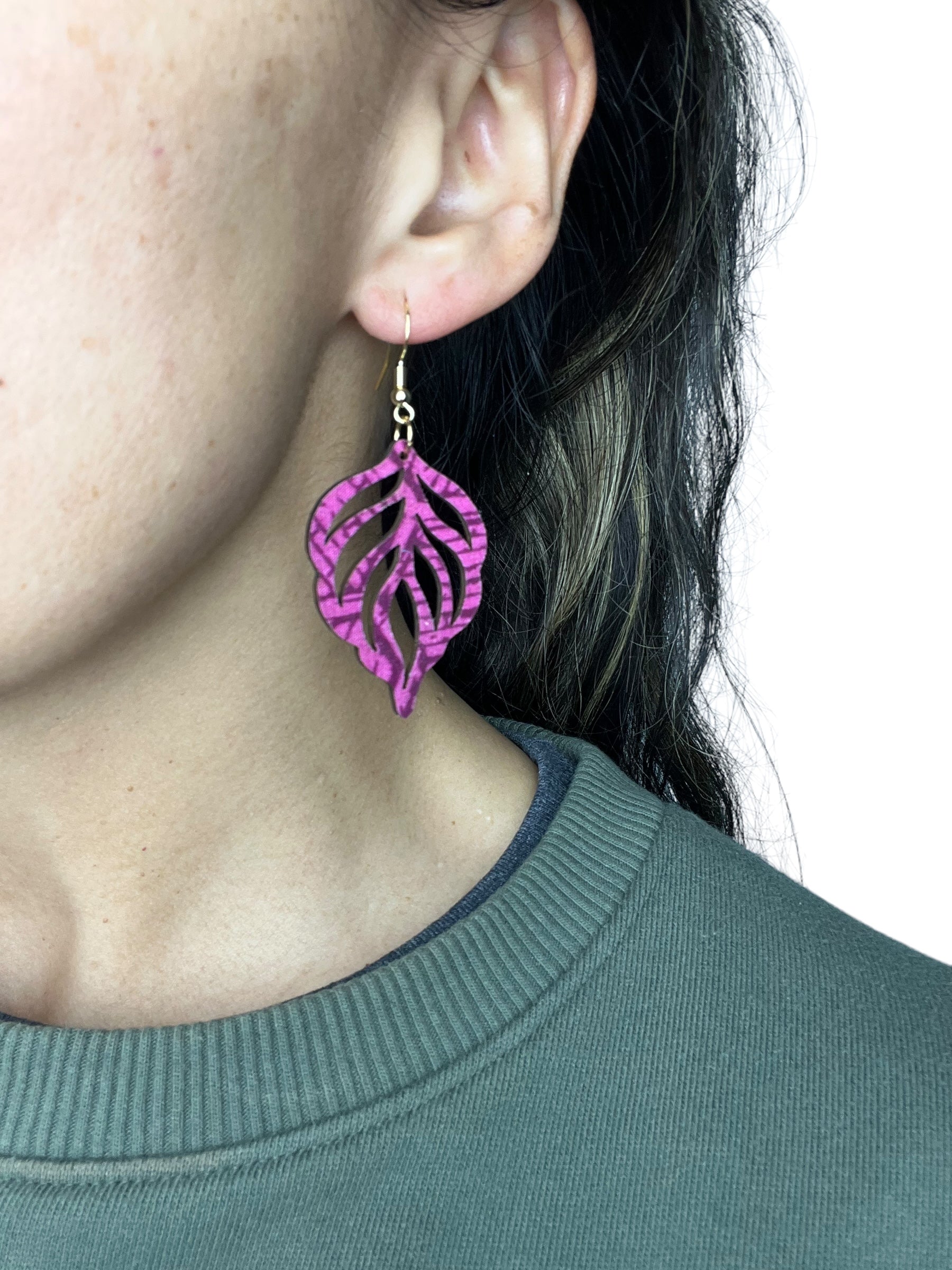 Upcycled Fuschia Feather Leaf Earrings