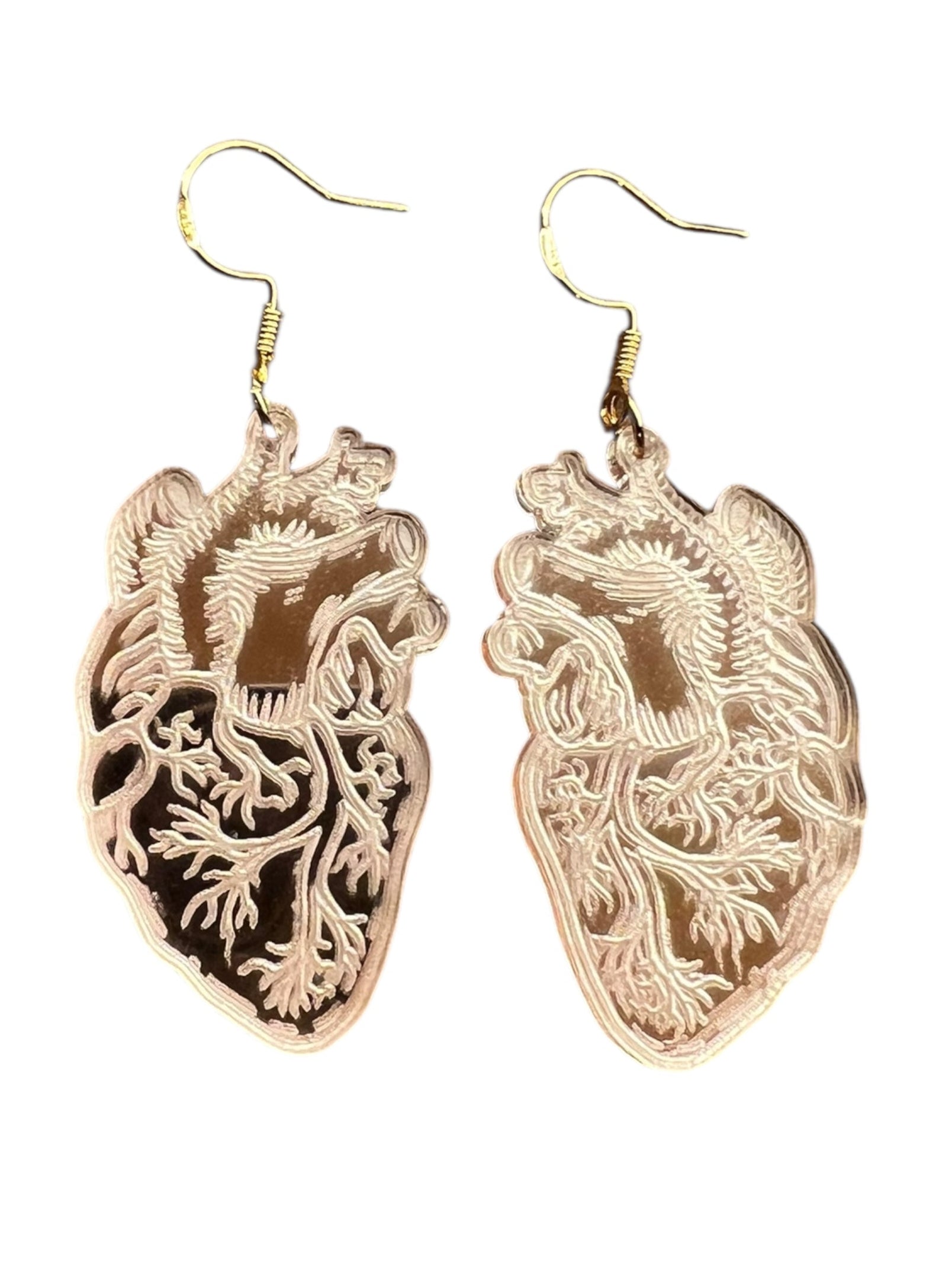 True Heart Earrings – Mirrored Rose Gold Anatomical Hearts