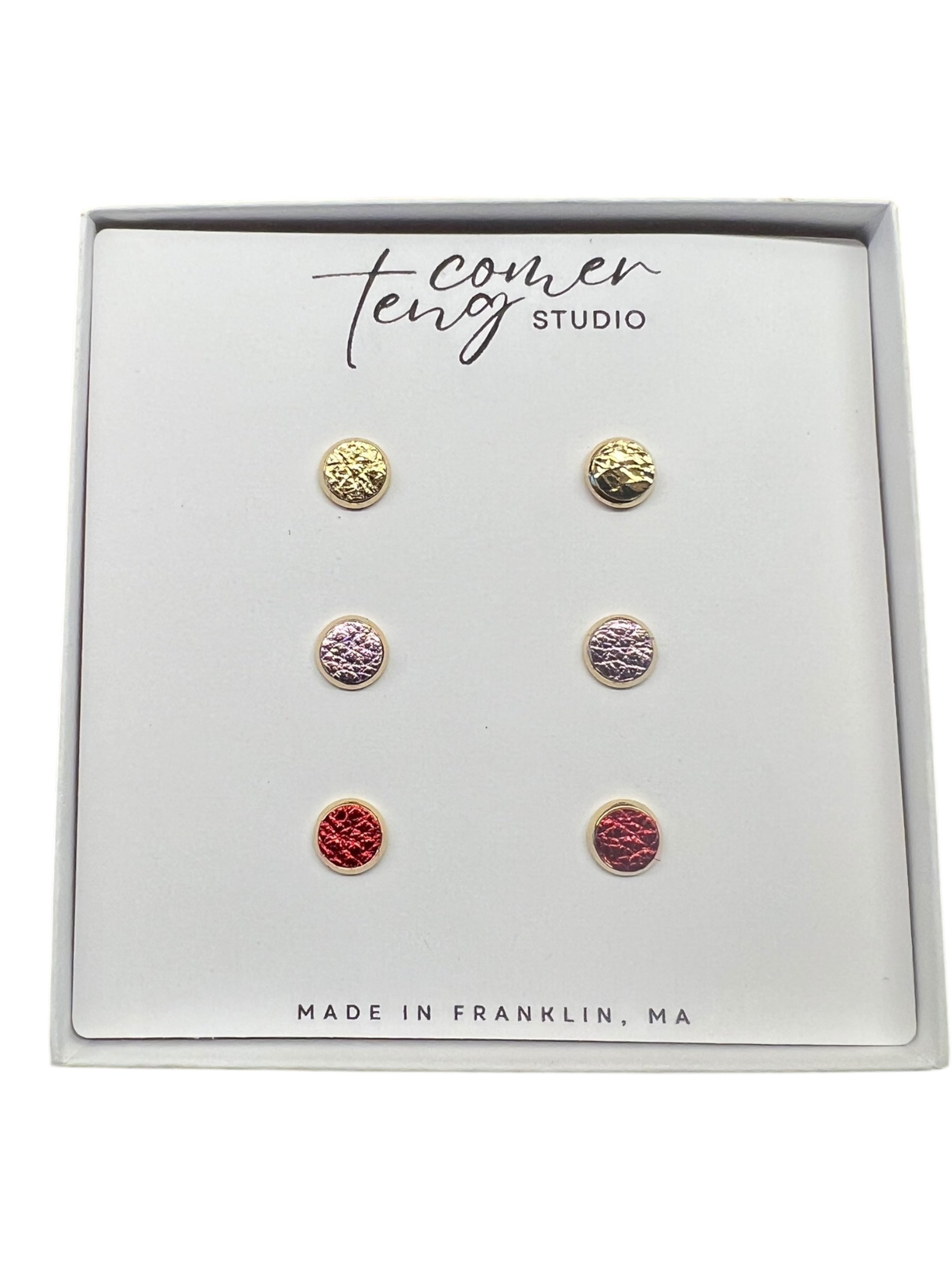 Set of Three Mini Leather Stud Earrings – Gold, Metallic Light Pink &amp; Metallic Red