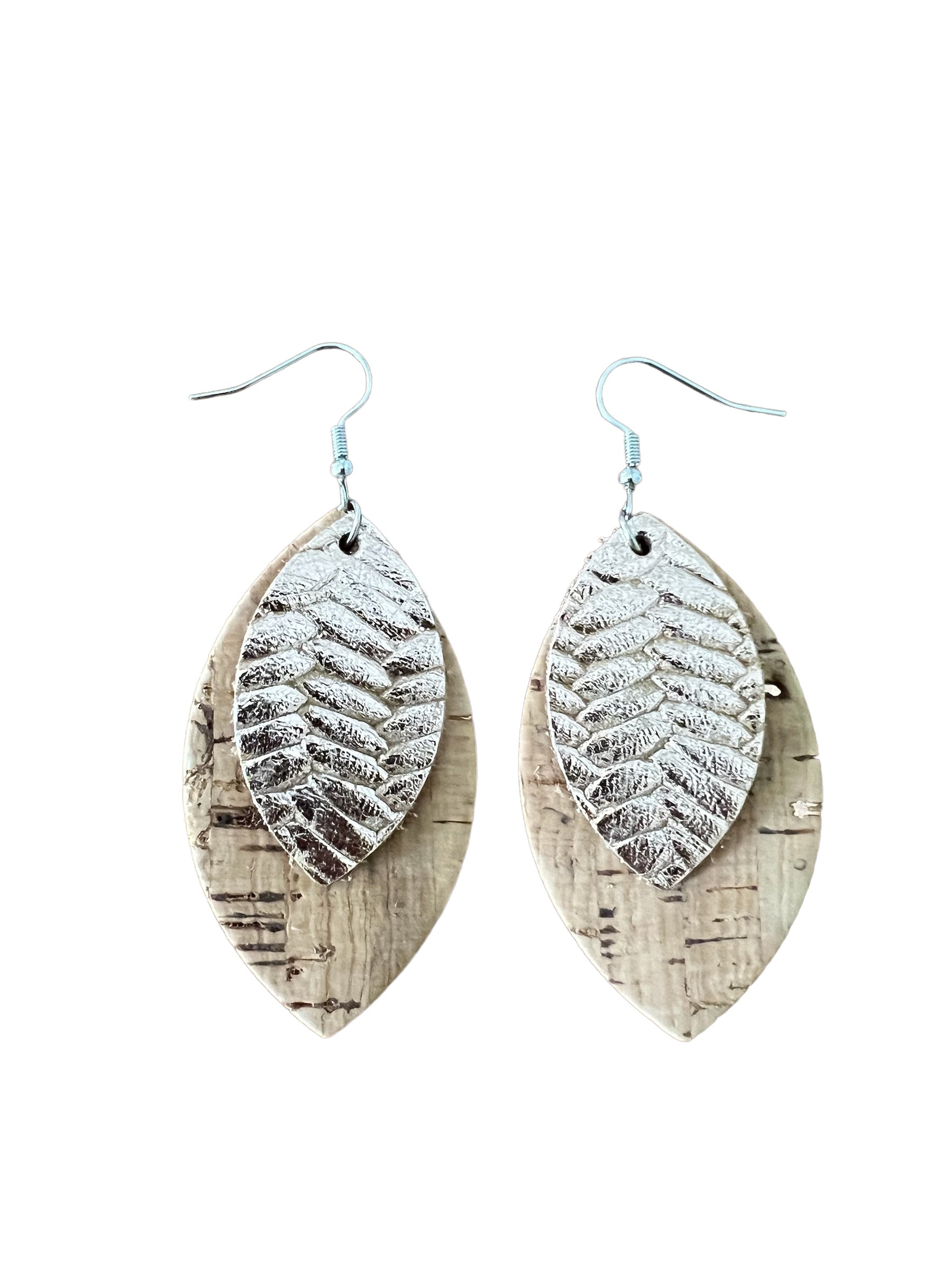 Rose Gold Fishtail and Rose Gold Cork Layered Leaf Earrings