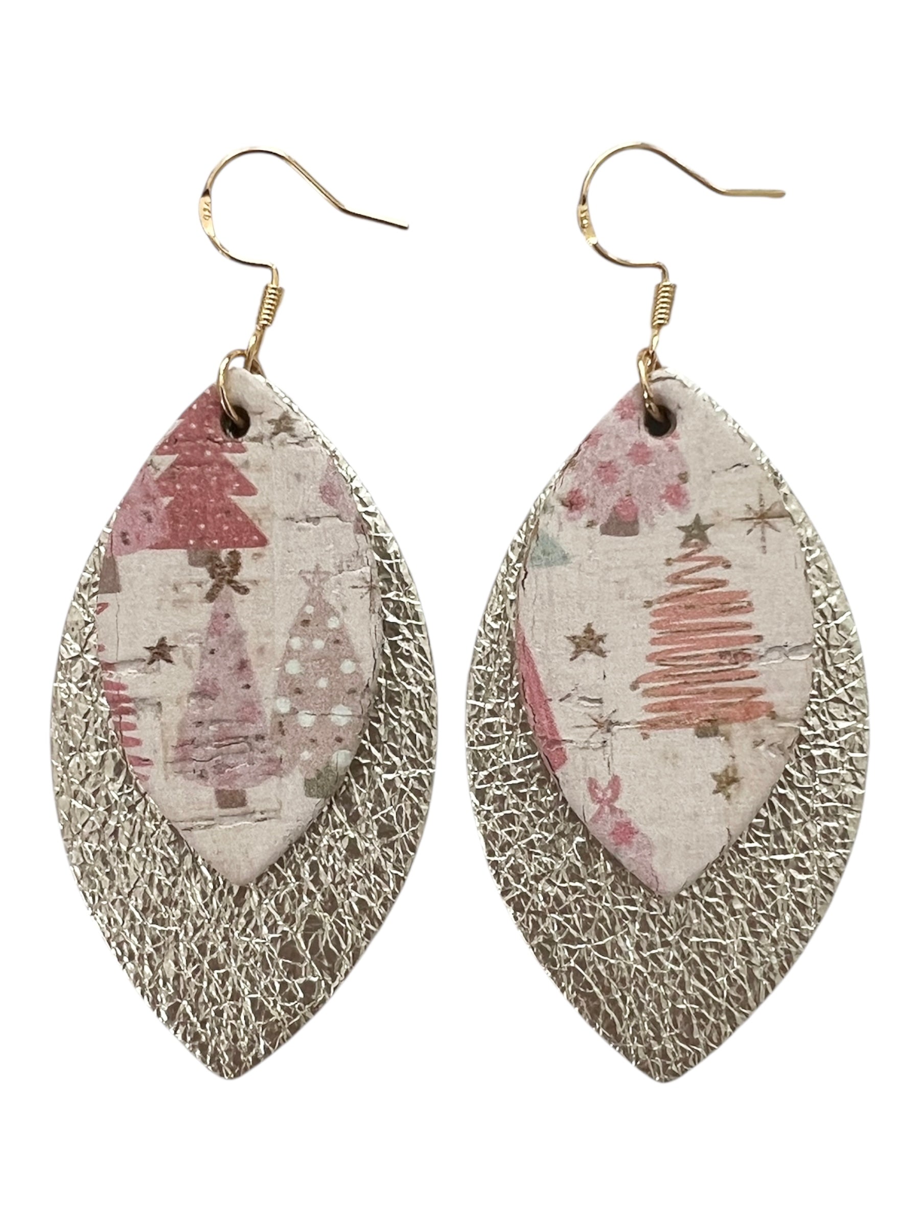 Cork Pink Pine Trees with Champagne Leather Leaf Earrings