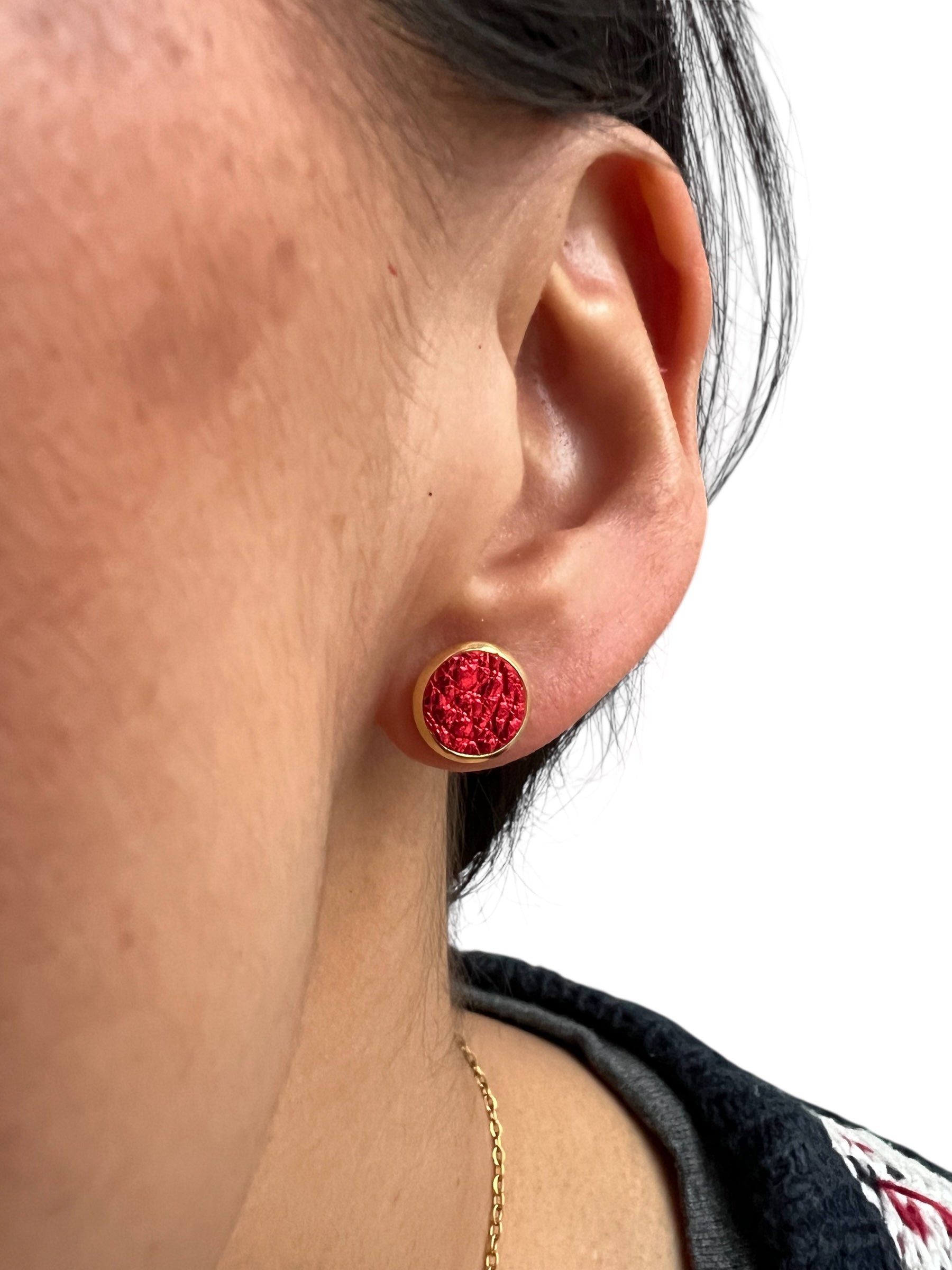 Metallic Red Leather Stud Earrings