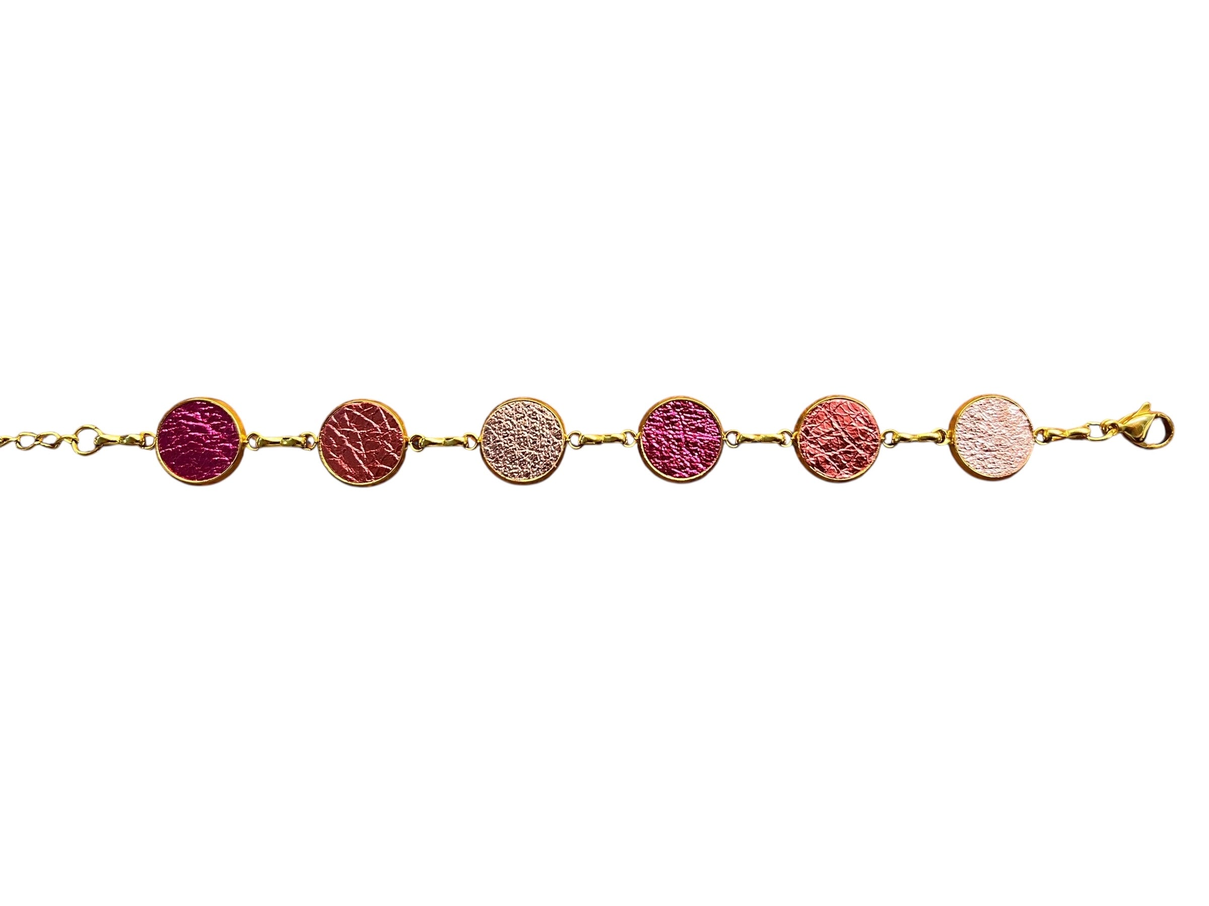 Bracelet with round, multicolored stones on a gold chain against a white background