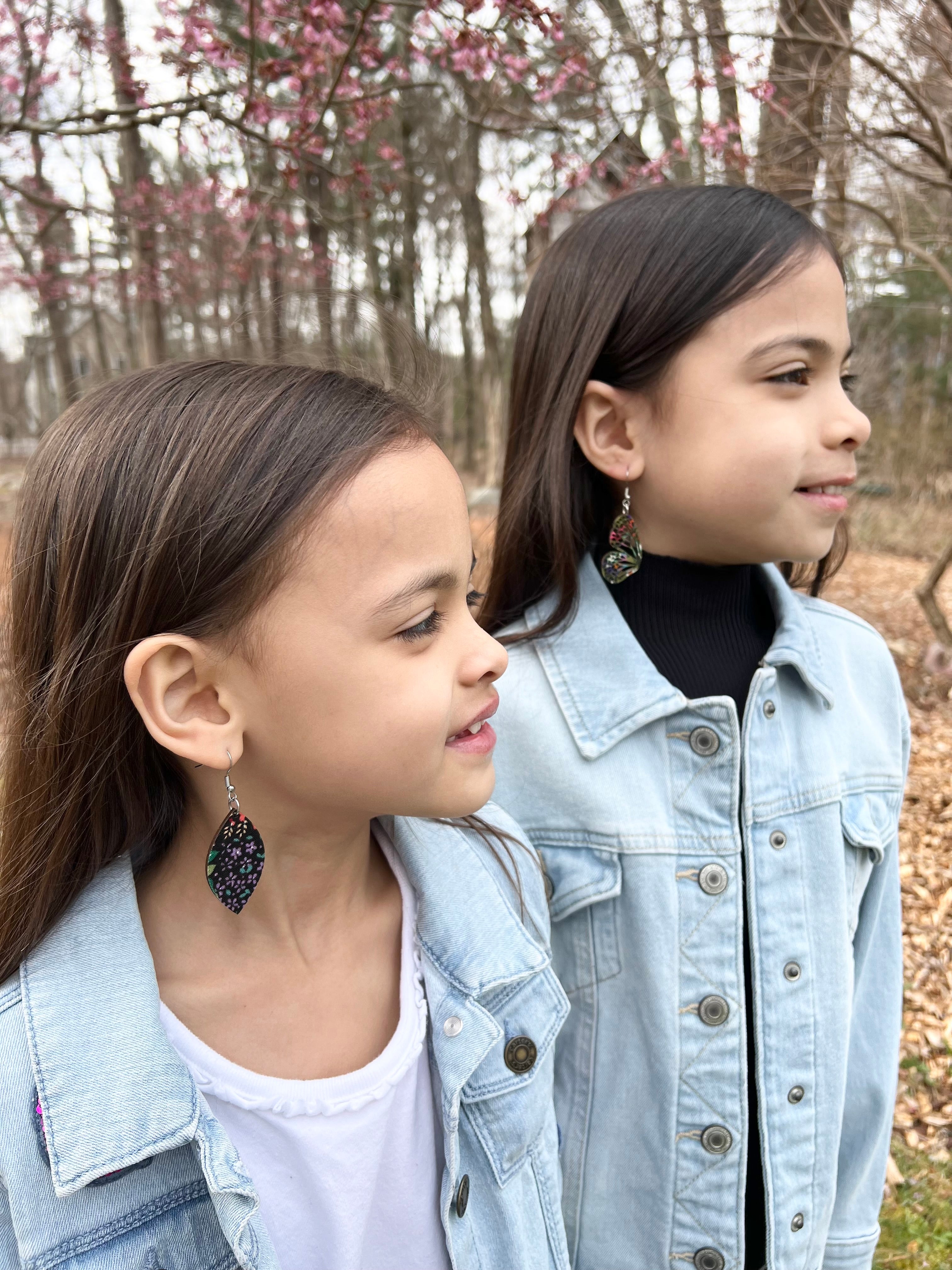 Upcycled Black Background Floral Leaf Earrings