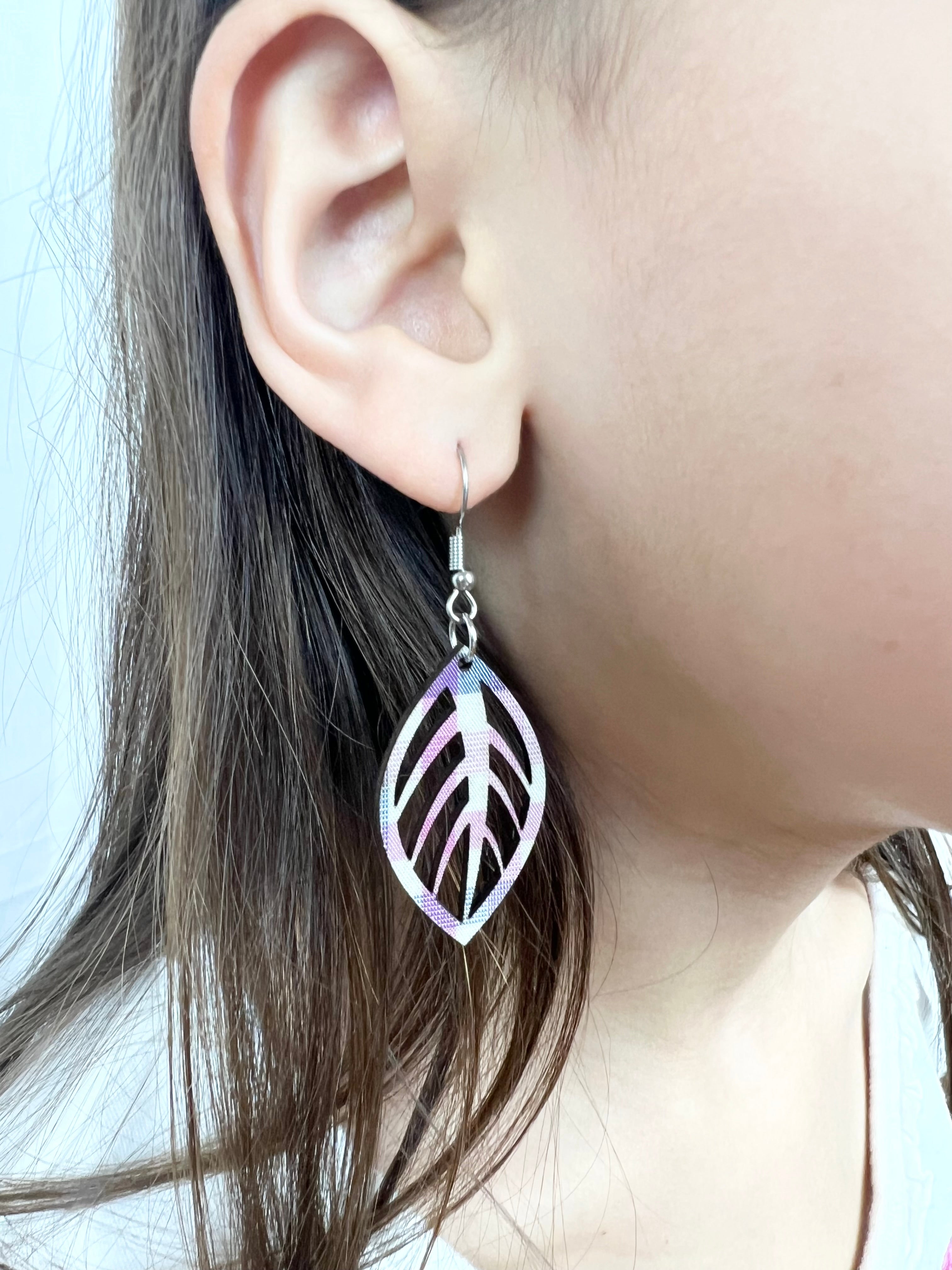 Upcycled Spring Plaid Mini Cut Out Leaf Earrings