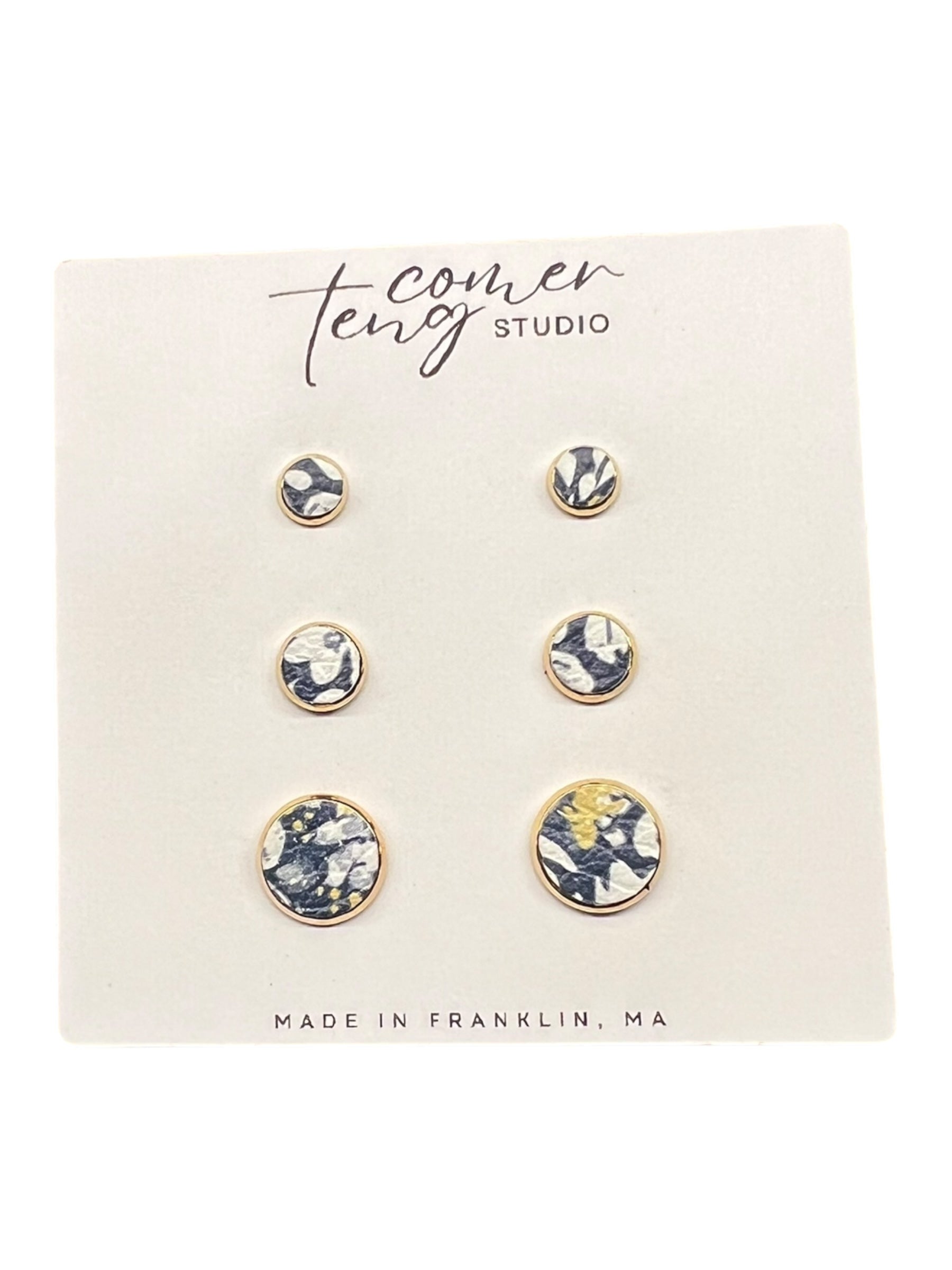 Blue/White Floral Leather Stud Earrings
