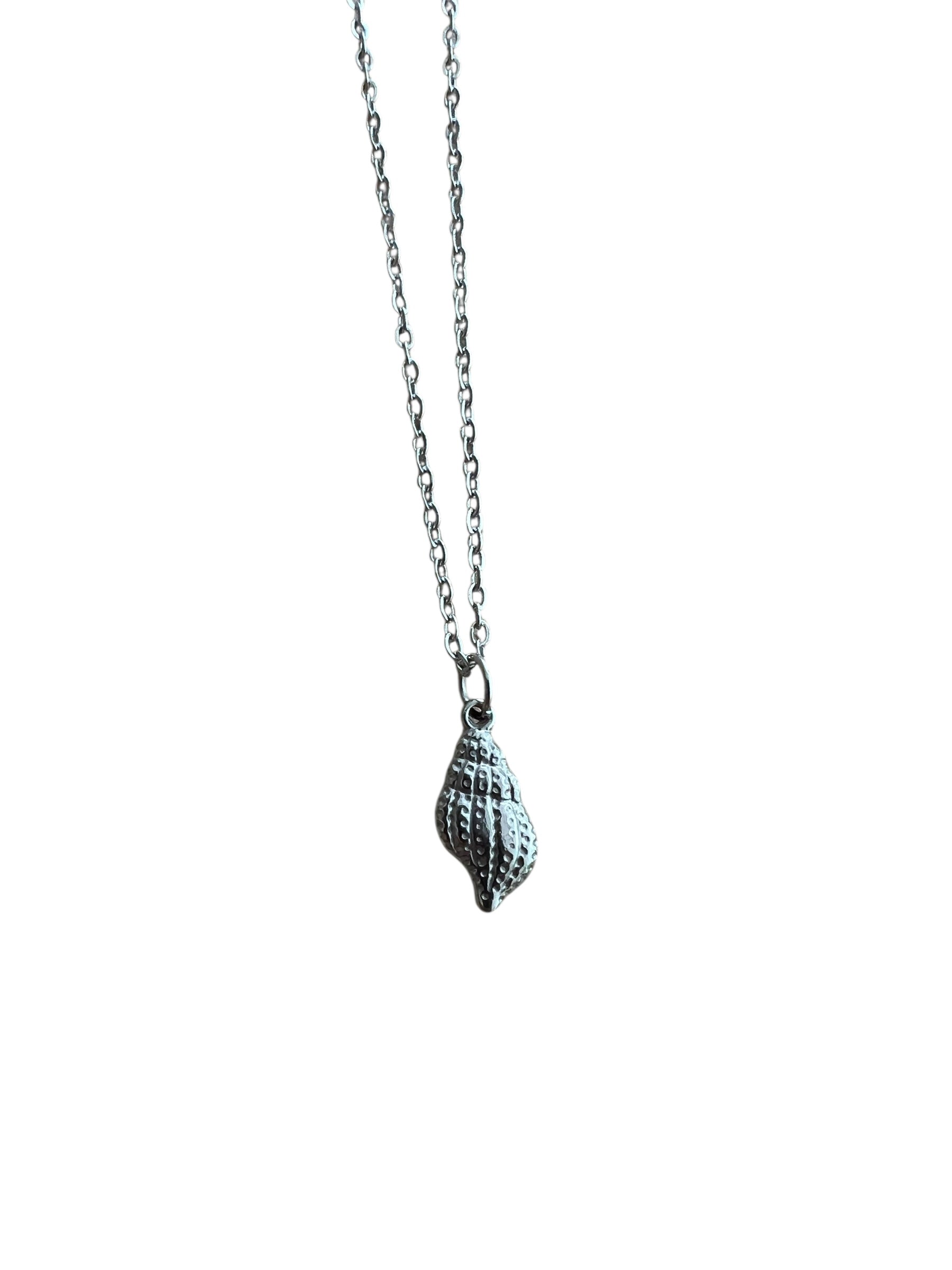 Silver shell pendant necklace on a white background