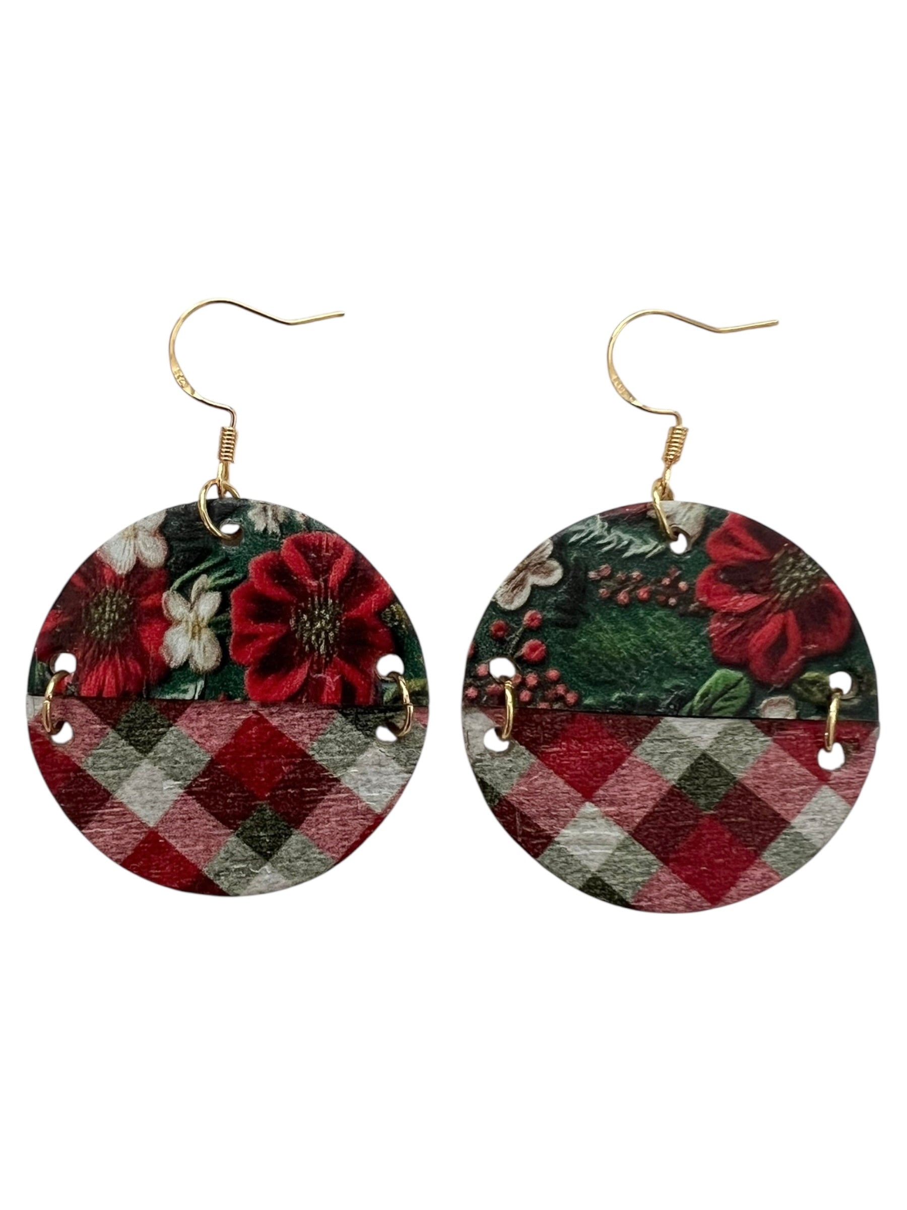 Plaid and Floral Sliced Confetti Dot Pine Tree Earrings