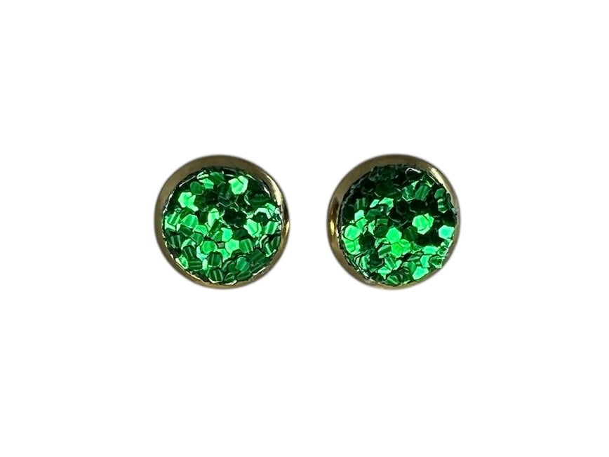 Gold Small Green Sparkle Stud Earrings