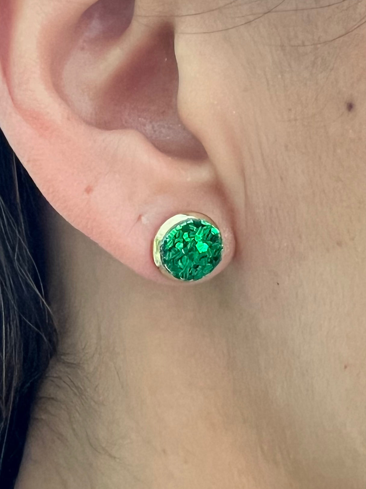 Gold Small Green Sparkle Stud Earrings