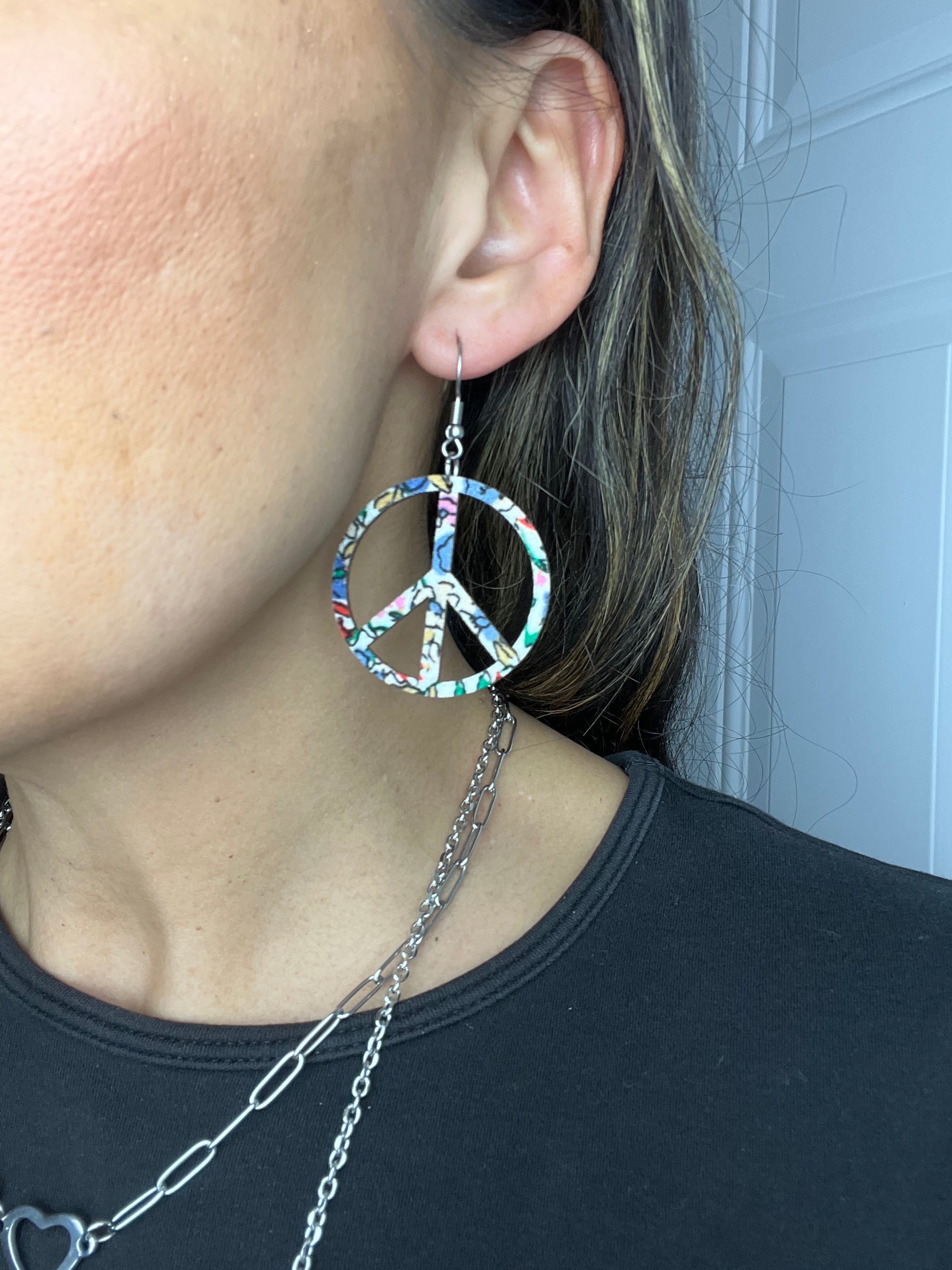 Upcycled Spring Floral Peace Sign Earrings