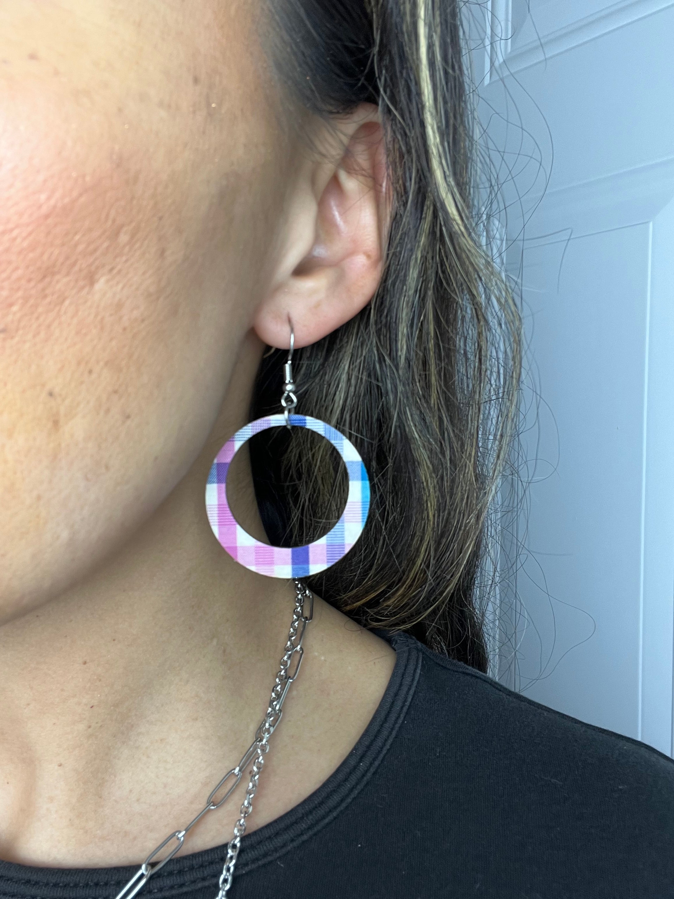 Upcycled Spring Plaid Hoop Earrings