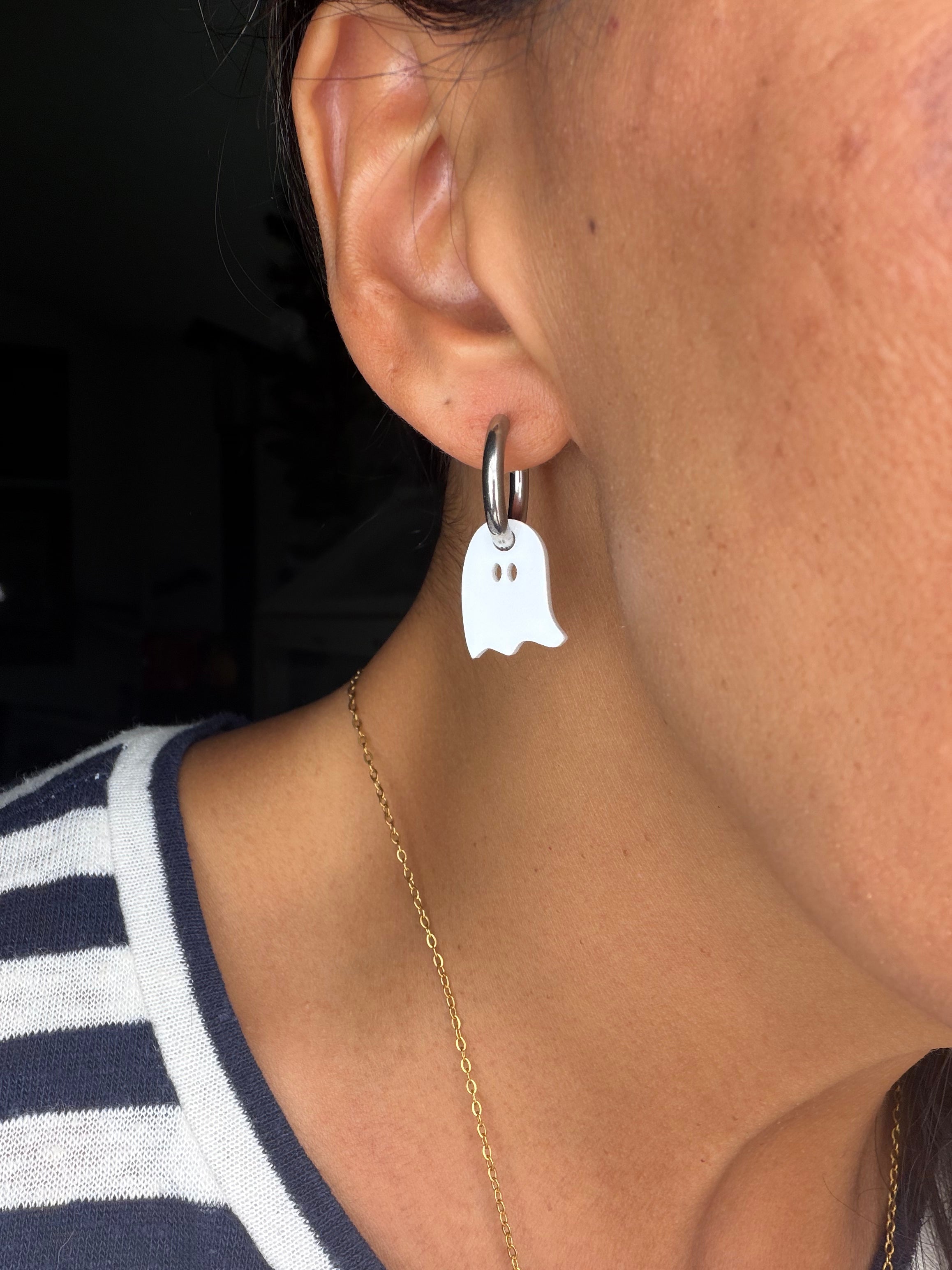 White Ghost Charm Hoop Earrings | Interchangeable Halloween Earrings