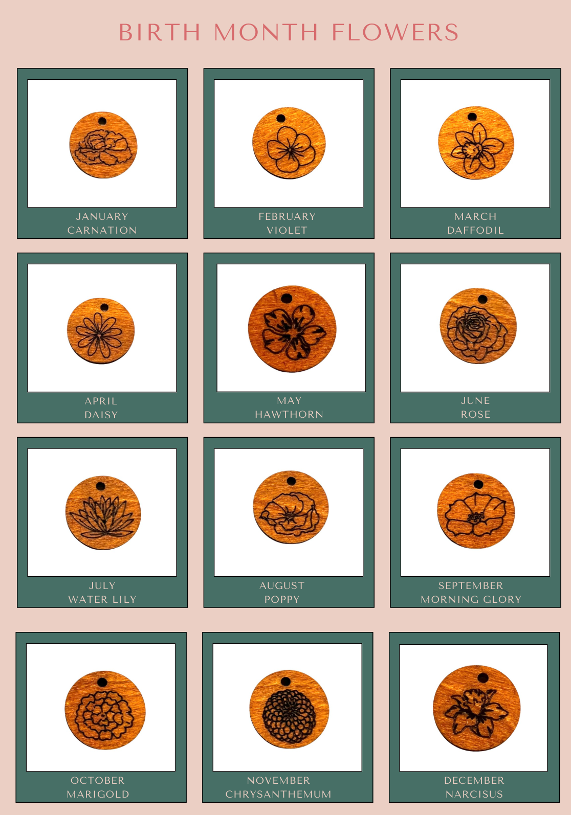 Grid of wooden flower pendants with corresponding birth months and flowers on a beige background.